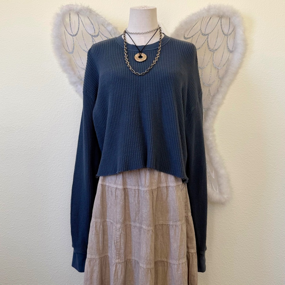 John Galt Brandy Melville Blue Waffle Knit Cropped Long Sleeve Top Made in Italy
